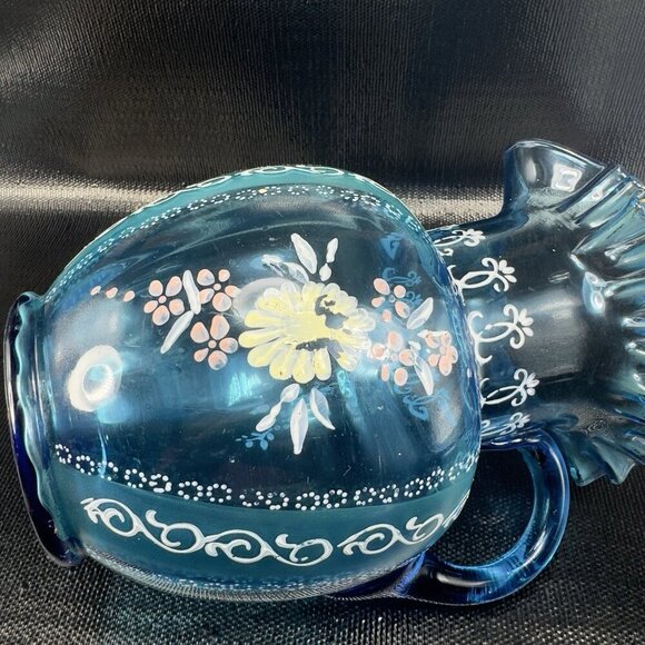 Antique Victorian Glass Pitcher Blue Enameled Crimped Rim Manganese 365nm Glow - Picture 9 of 16